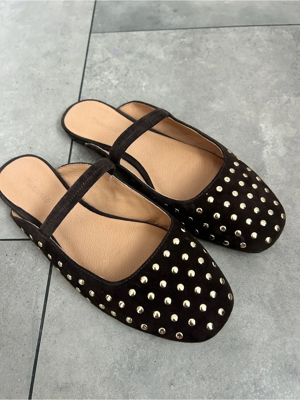 Madewell Greta Ballet Flat Mules Studded Suede Brown 6
